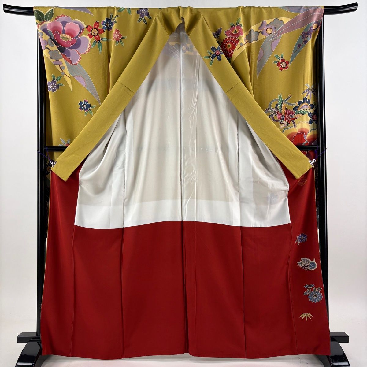 正絹  お振袖  身丈  168  袋帯プレゼント 美品】 振袖 身丈168.5cm 裄丈70cm L 袷 袋帯フルセット 鼓 草花 金彩