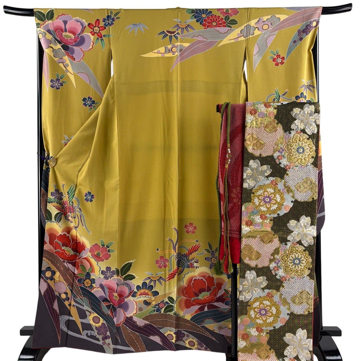 美品】 振袖 身丈167cm 裄丈68cm L 袷 袋帯フルセット 落款 草花 鳥