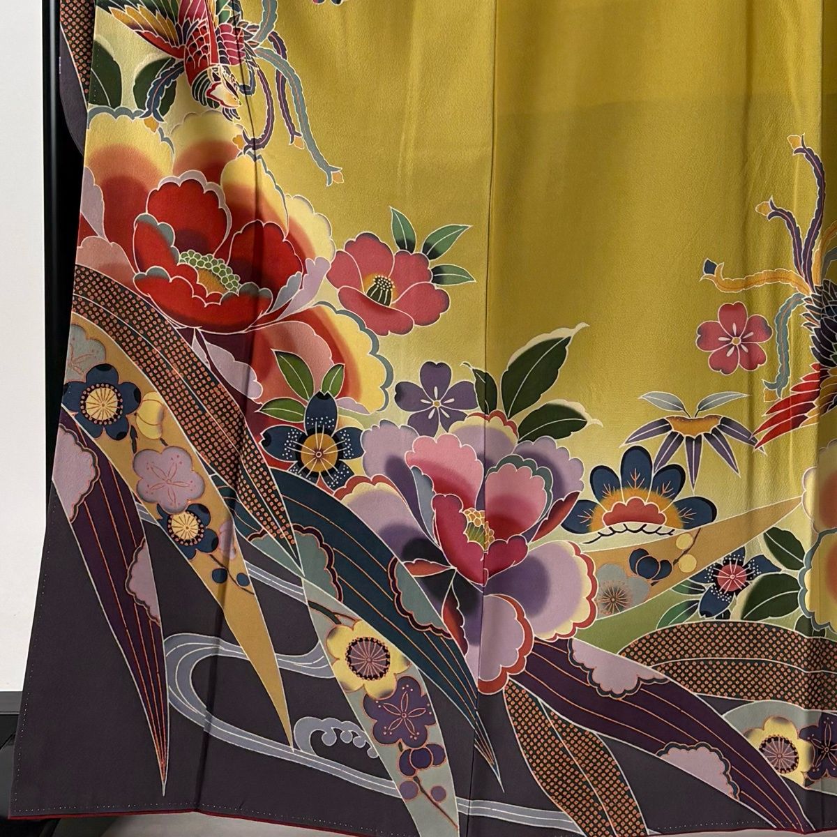 美品】 振袖 身丈167cm 裄丈68cm L 袷 袋帯フルセット 落款 草花 鳥