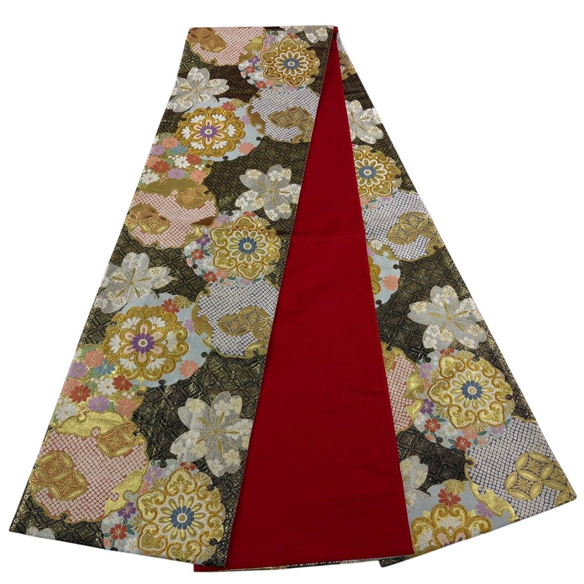 正絹  お振袖  身丈  168  袋帯プレゼント 美品】 振袖 身丈168.5cm 裄丈70cm L 袷 袋帯フルセット 鼓 草花 金彩