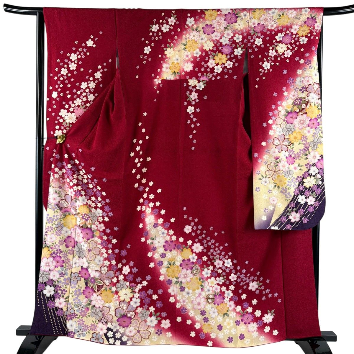 振袖 身丈162cm 裄丈66cm M 袷 鞠 桜 金彩 ぼかし 赤 正絹 名品 【中古