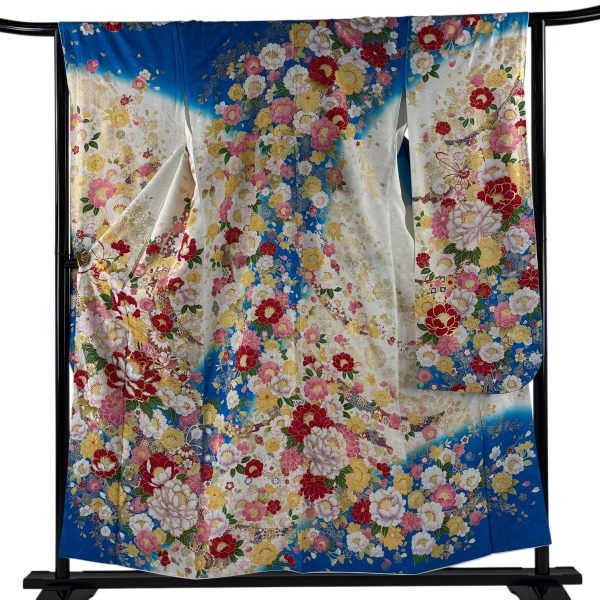 振袖 身丈155cm 裄丈68cm 正絹 美品 逸品 【中古】 美品】 振袖 身丈155cm 裄丈64.5cm M 袷 草花 鞠 箔 刺繍 青 正絹 名品