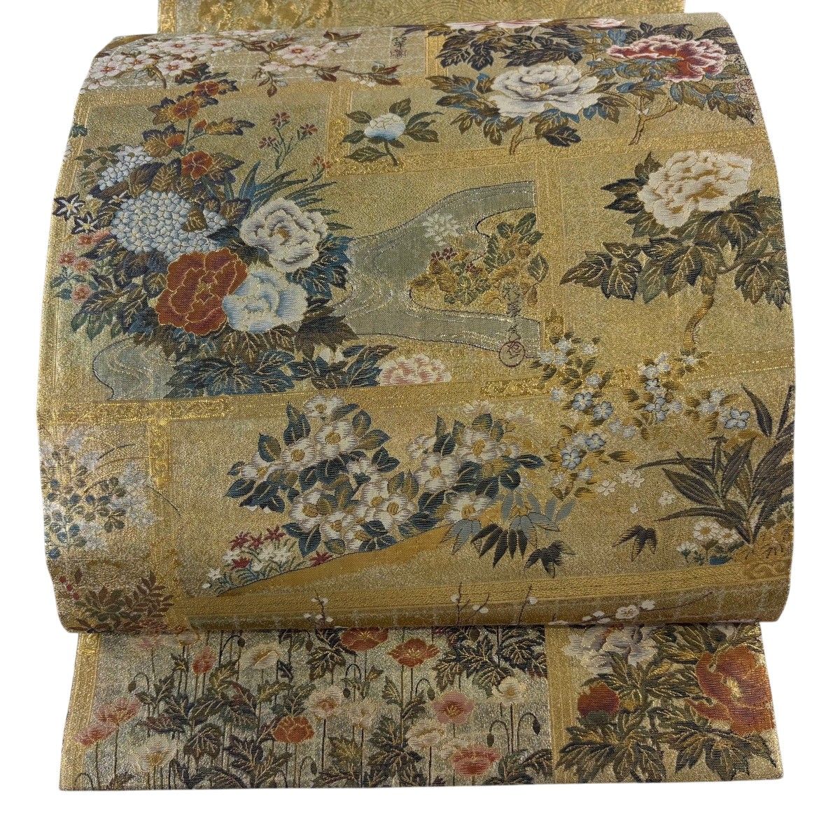 【美品】 丸帯 逸品 草花 流水 金糸 箔 金色 お太鼓柄 正絹 【中古】