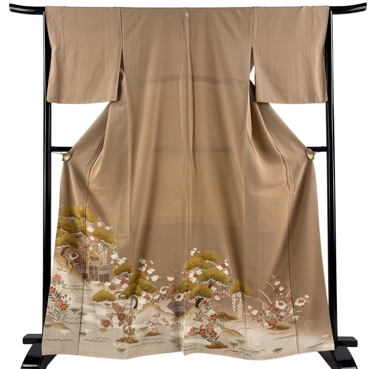 色留袖 身丈163cm 裄丈66cm M 袷 松竹梅 流水 金糸 金彩 薄茶色 正絹 秀品 一つ紋 【中古】