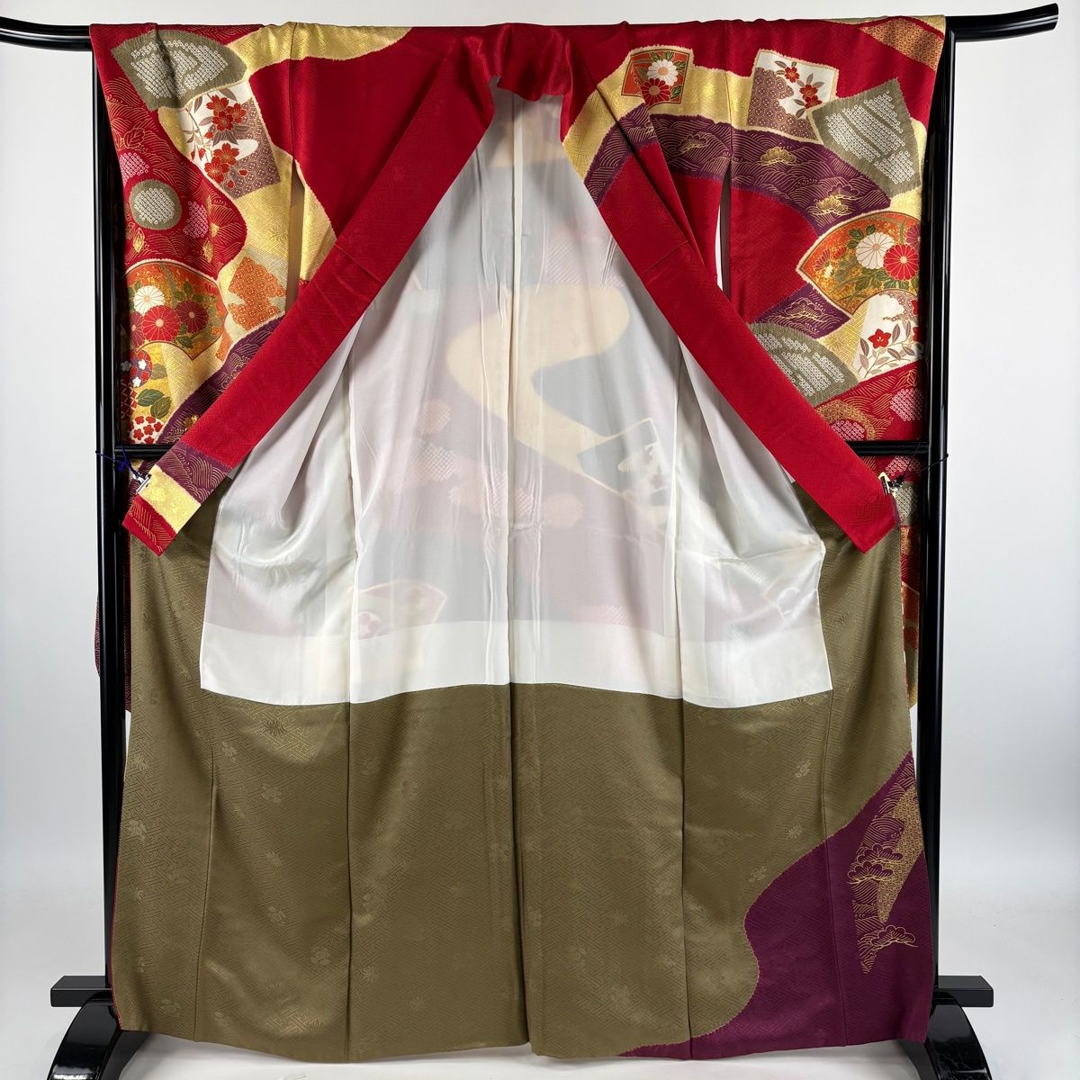 振袖 身丈166.5cm 裄丈66cm 正絹 名品 【中古】 振袖 身丈166cm 裄丈64cm M 袷 草花 源氏車 金彩 金糸 オレンジ 正絹