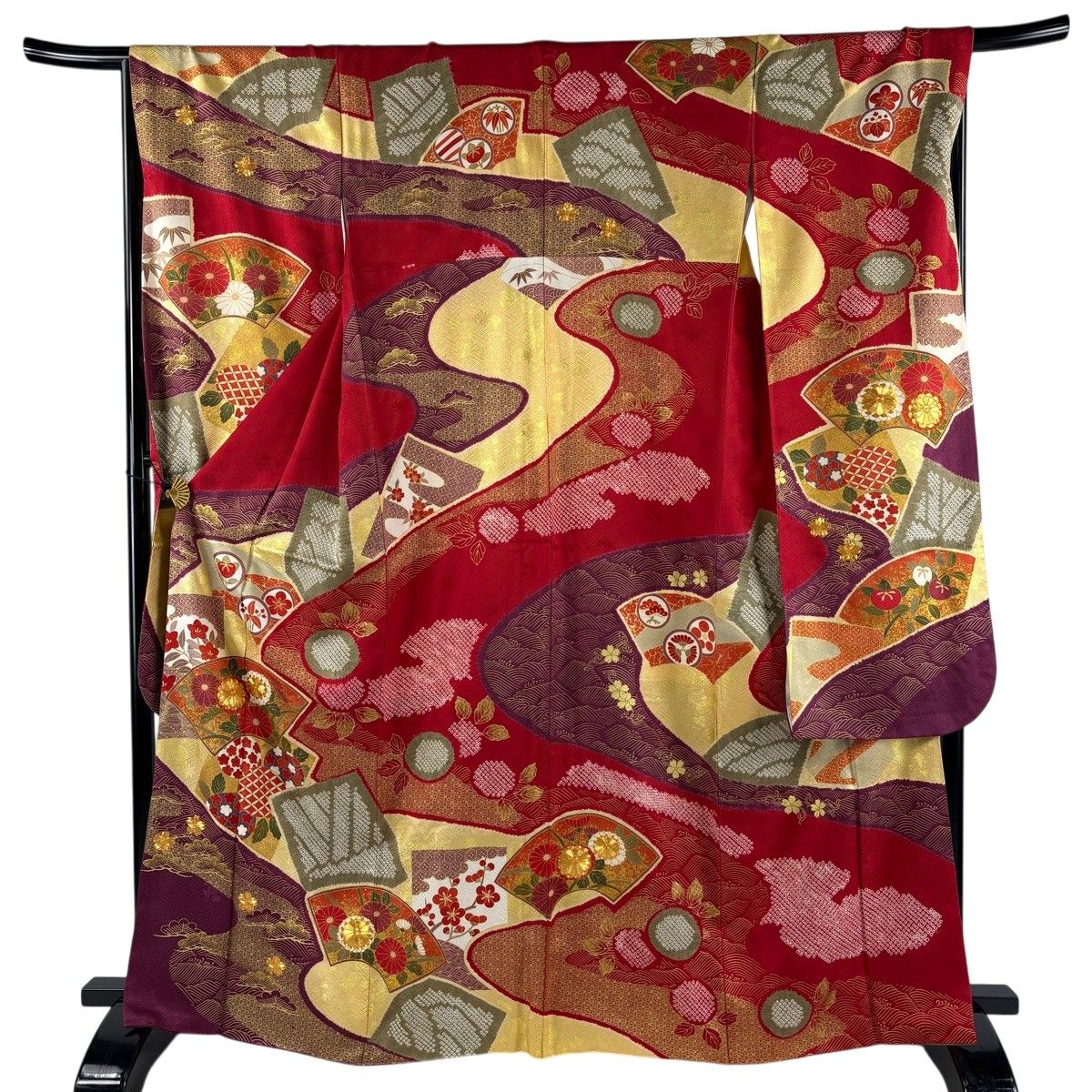 振袖 身丈166.5cm 裄丈67cm M 袷 扇面 菊 金糸 金彩 赤 正絹 秀品
