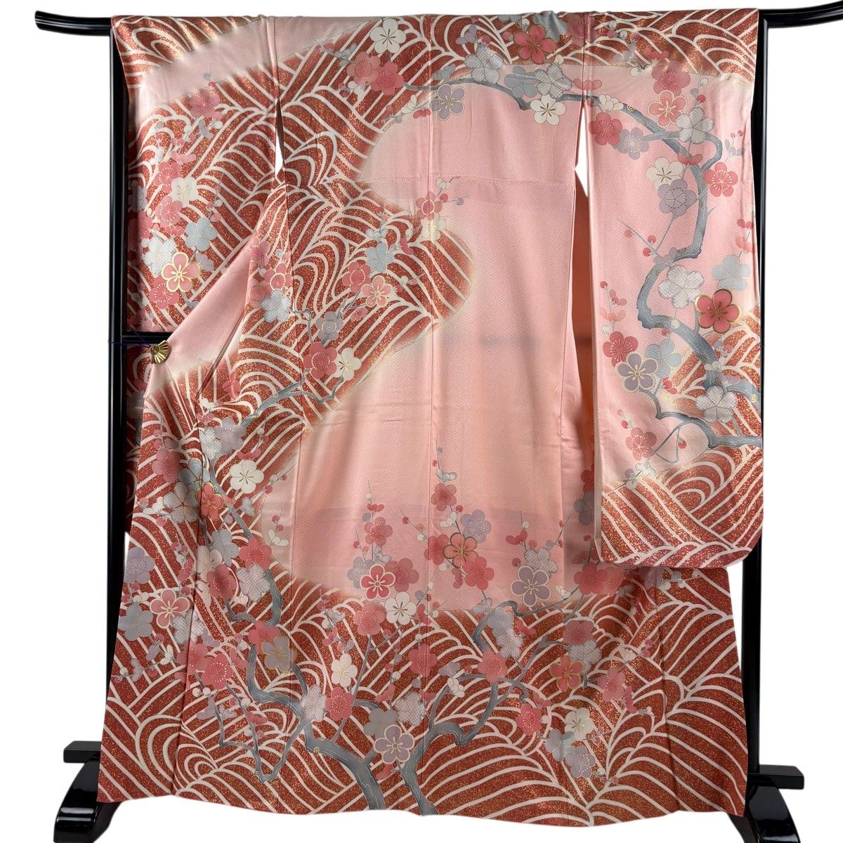 美品】 振袖 身丈167cm 裄丈65.5cm M 袷 枝梅 波 金彩 金糸 ピンク