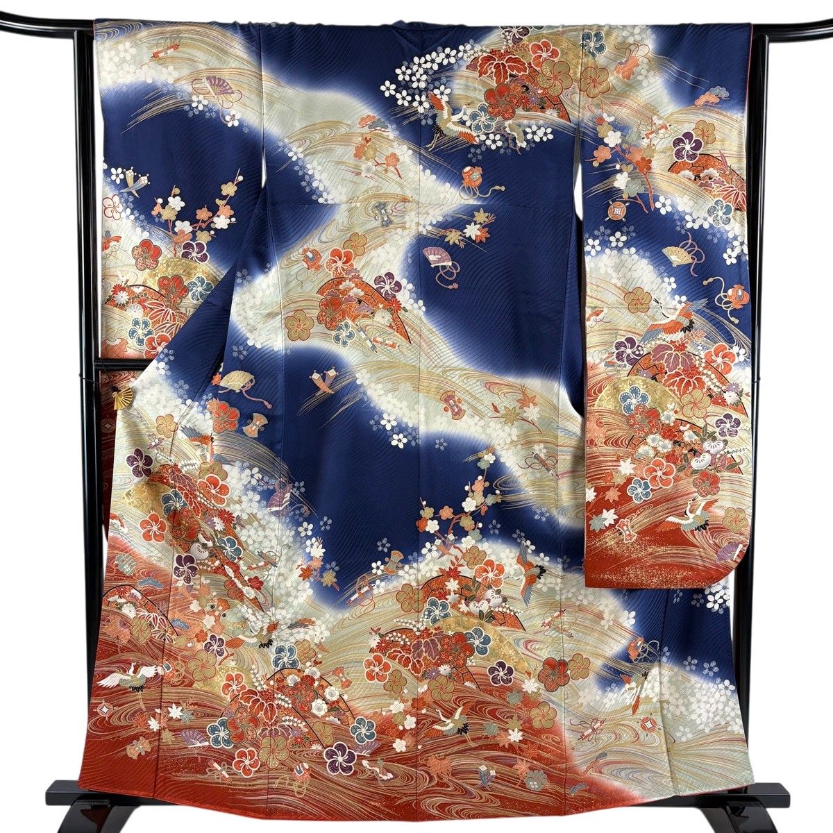 振袖 身丈162cm 裄丈64.5cm M 袷 松竹梅 波 金糸 金彩 紺色 正絹 秀品