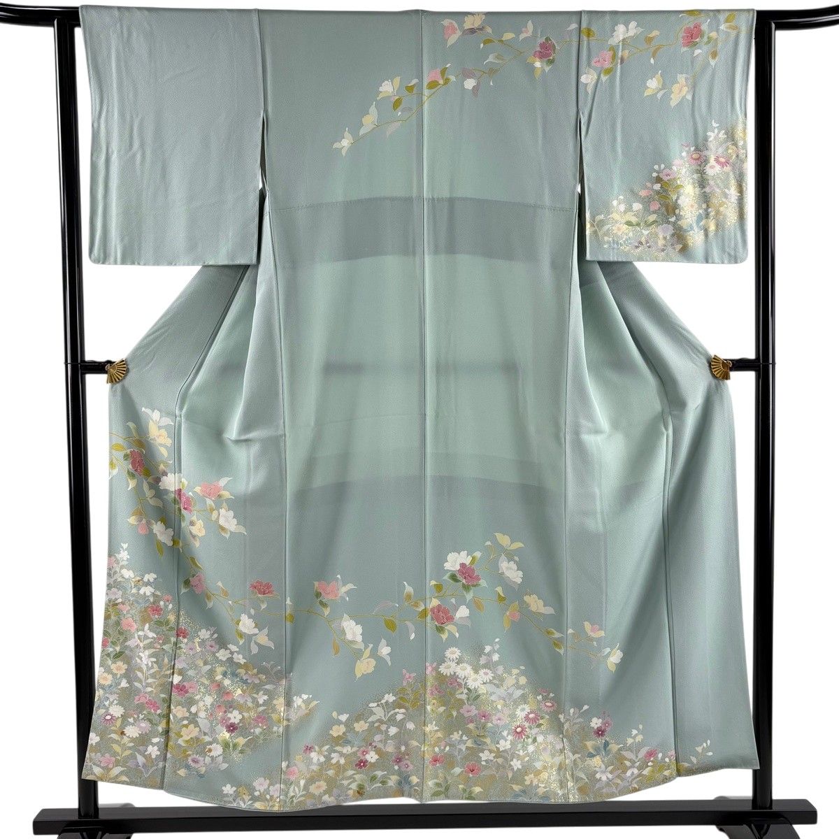訪問着 身丈153cm 裄丈62cm S 袷 枝花 草花 金彩 薄緑 正絹 秀品