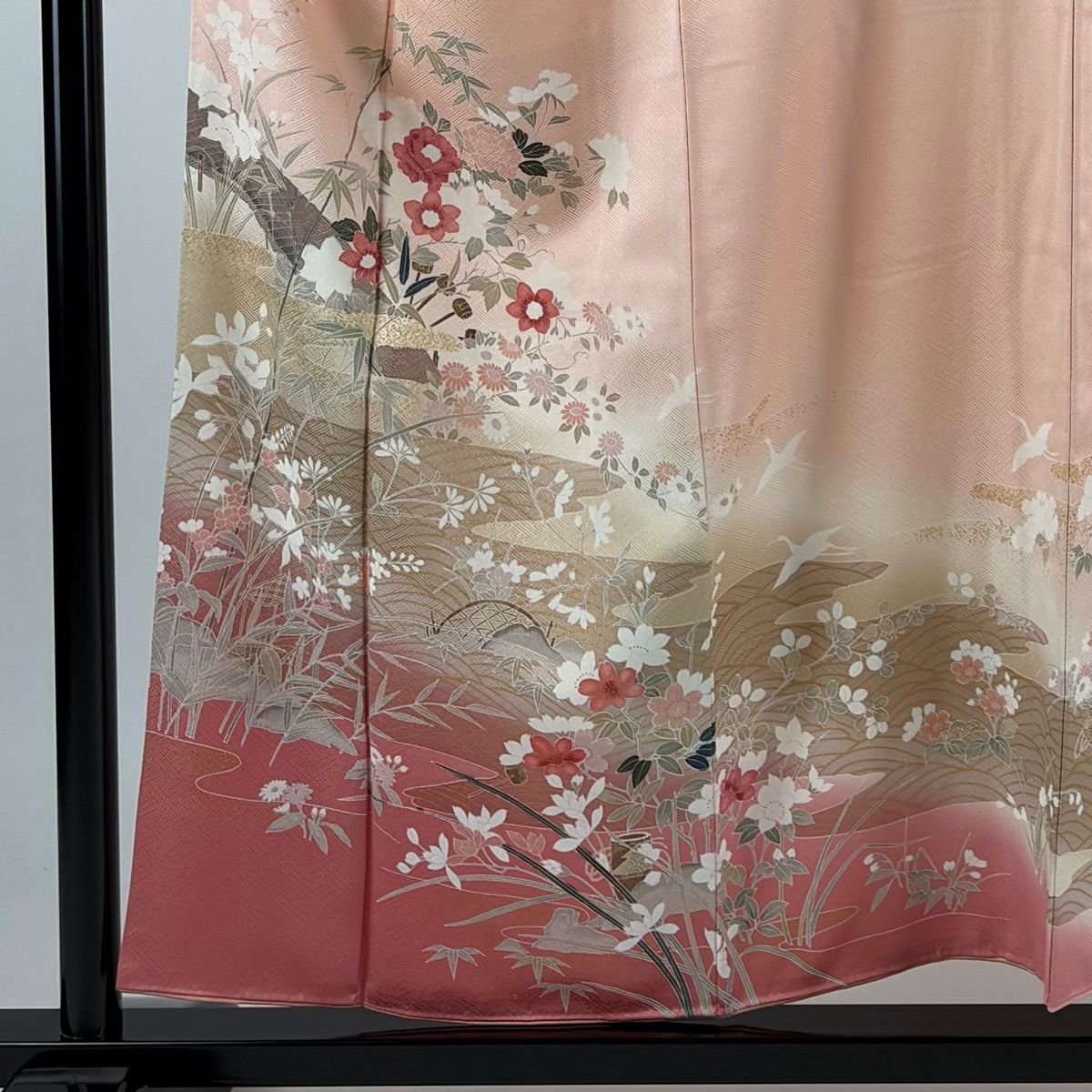 訪問着 身丈156cm 裄丈64cm M 袷 草花 橋 金彩 ぼかし ピンク 正絹 秀
