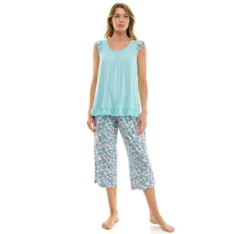 クロフト＆バロー レディース アンダーウェア ナイトウェア プチ パンツ ノースリーブ キャップ Petite Croft Barrow 2Piece Sleeveless Tank Pajama Top Capri Pantsleep Set No Colo