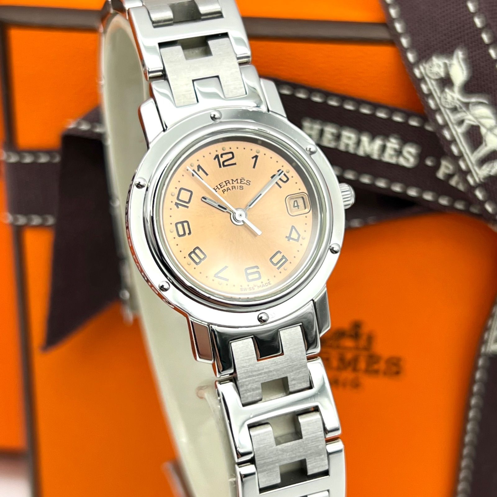 エルメス クリッパー 腕時計 CL4.210 クオーツ オレンジ文字盤 ステンレススチール レディース HERMES 【1-0264703】 HERMES - エルメス クリッパー 腕時計 CL4.210 クオーツ オレンジ文字
