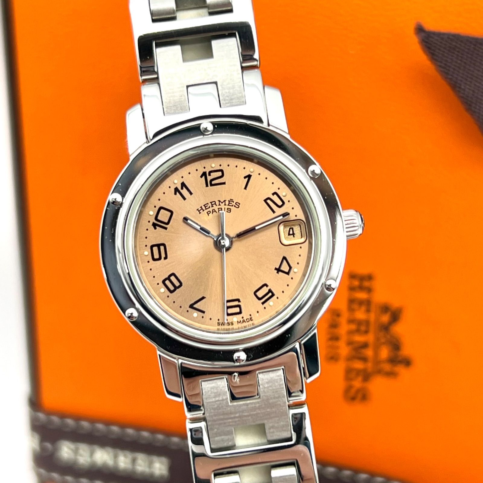 HERMES エルメス クリッパー デイト CL4.210 サーモンピンク オレンジ