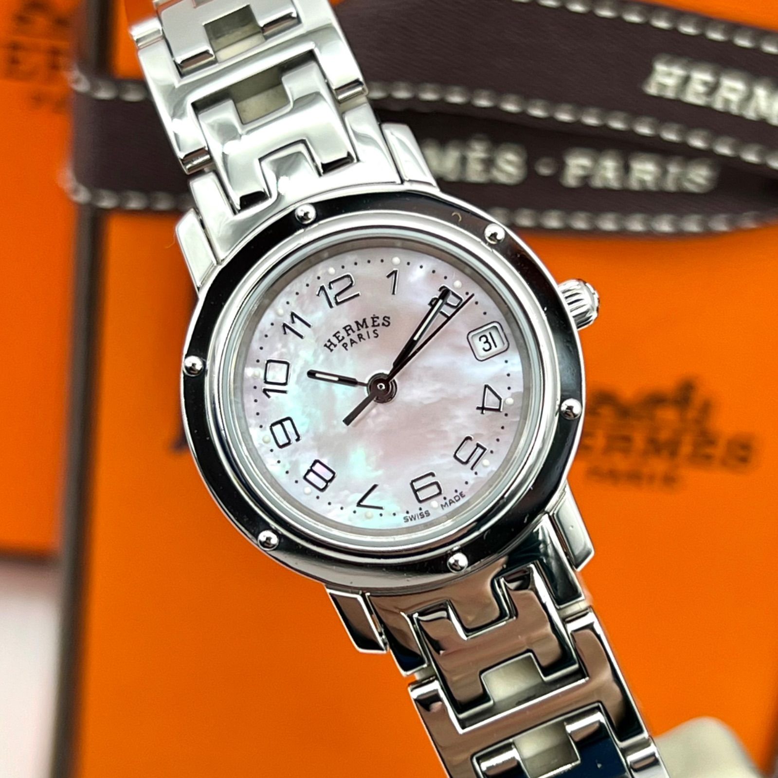 HERMES エルメス クリッパー デイト CL4.210 ピンクシェル 