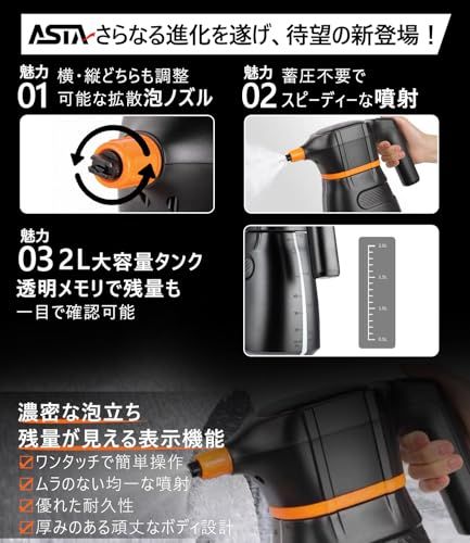 ASTA 電動フォームガン 洗車 充電式 コードレス泡スプレー 高圧対応 充電式フォームスプレー 洗車グッズ 車・バイク用 強力泡立ち