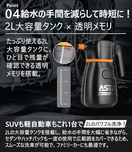 ASTA 電動フォームガン 洗車 充電式 コードレス泡スプレー 高圧対応 充電式フォームスプレー 洗車グッズ 車・バイク用 強力泡立ち
