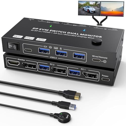 KCEVE KVMスイッチ 2入力2出力、8K@30Hz/4K@60Hz対応、ミラー/拡張モード KVM Switch KVM切替器、、2台PC切替 デュアルモニター、USB3.0ポート×4、キーボード マウス共有、ドライバー不要、手元スイッチ付き