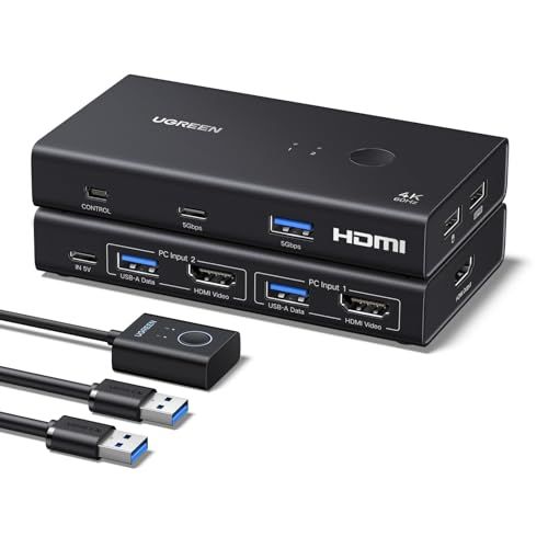 UGREEN HDMI 2.0 KVM切替器 2入力1出力 4K@60Hz｜USB 3.0×4（USB-A×3＋C×1）｜キーボード・マウス共有｜デスクコントローラー付｜Windows/macOS/Linux対応