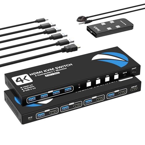 KVMスイッチ HDMI PC 4台用 4入力1出力 リモコン付きKVM切替器 パソコン4台モニター1台切り替え 4*USB 3.0ポート 5Gbps高速転送 キーボード/マウス/プリンター/他のデバイス対応 4K@60Hz映像出力 ＵＳＢスイッチャー ＵＳＢ 8,018円