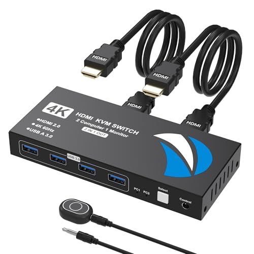 KVMスイッチ HDMI 2入力1出力 PC2台用 手元スイッチ付き パソコン2台モニター1台切り替え 4K@60Hz KVM HDMI切替器 4 USB3.0ポート 5Gbps 高速転送 USB 切替器 キーボード/マウス/プリンター/他のデバイス対応 ＵＳ