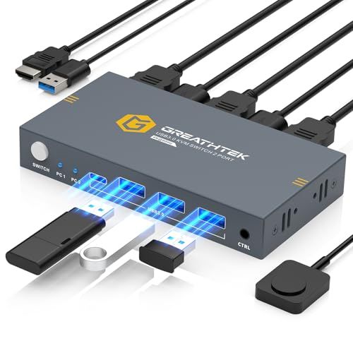 KVMスイッチHDMI 2入力1出力，USB 3.0 KVM 切替器パソコン2台モニター1台切り替え，4K@60Hzパソコン切替器には4本USBポート共有キーボードとマウス プリンター/スキャナー，しますプッシュボタンと有線リモート切り替えを，ドライバー不要,