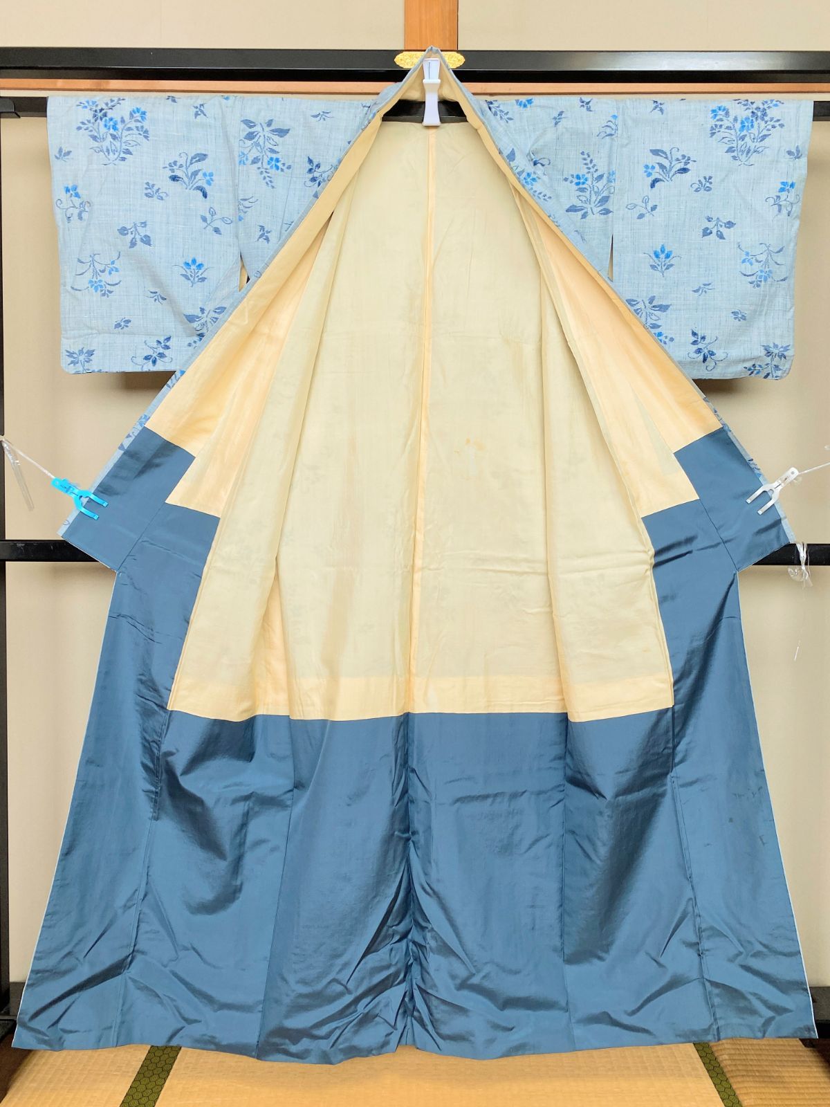 アンティーク着物】小紋 袷 紬風？ 水色系 草花模様 普段着 リメイク