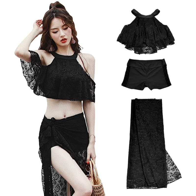 [Teddy] 水着 レディース オフショルダー ビキニ 体型カバー パレオ 3点セット ハイネック フレア レース 短パン 女性用 hys1763 黒 (ブラック, L(9号)) 0