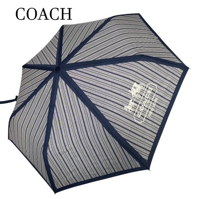 コーチ　COACH 　ホースアンドキャリッジ 　ネイビー×ホワイトストライプ　折りたたみ傘