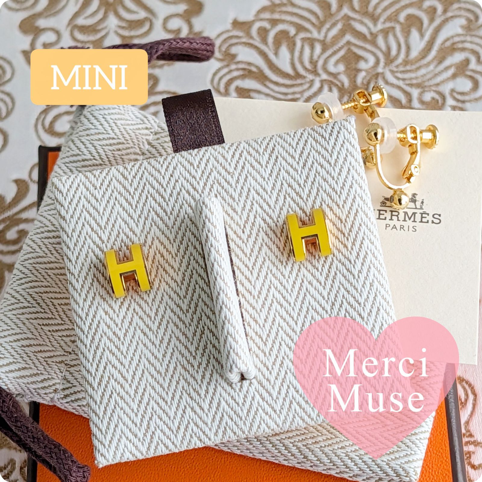 ❤イヤリングにもなる❤ミニポップHピアス イエローxゴールド金具 