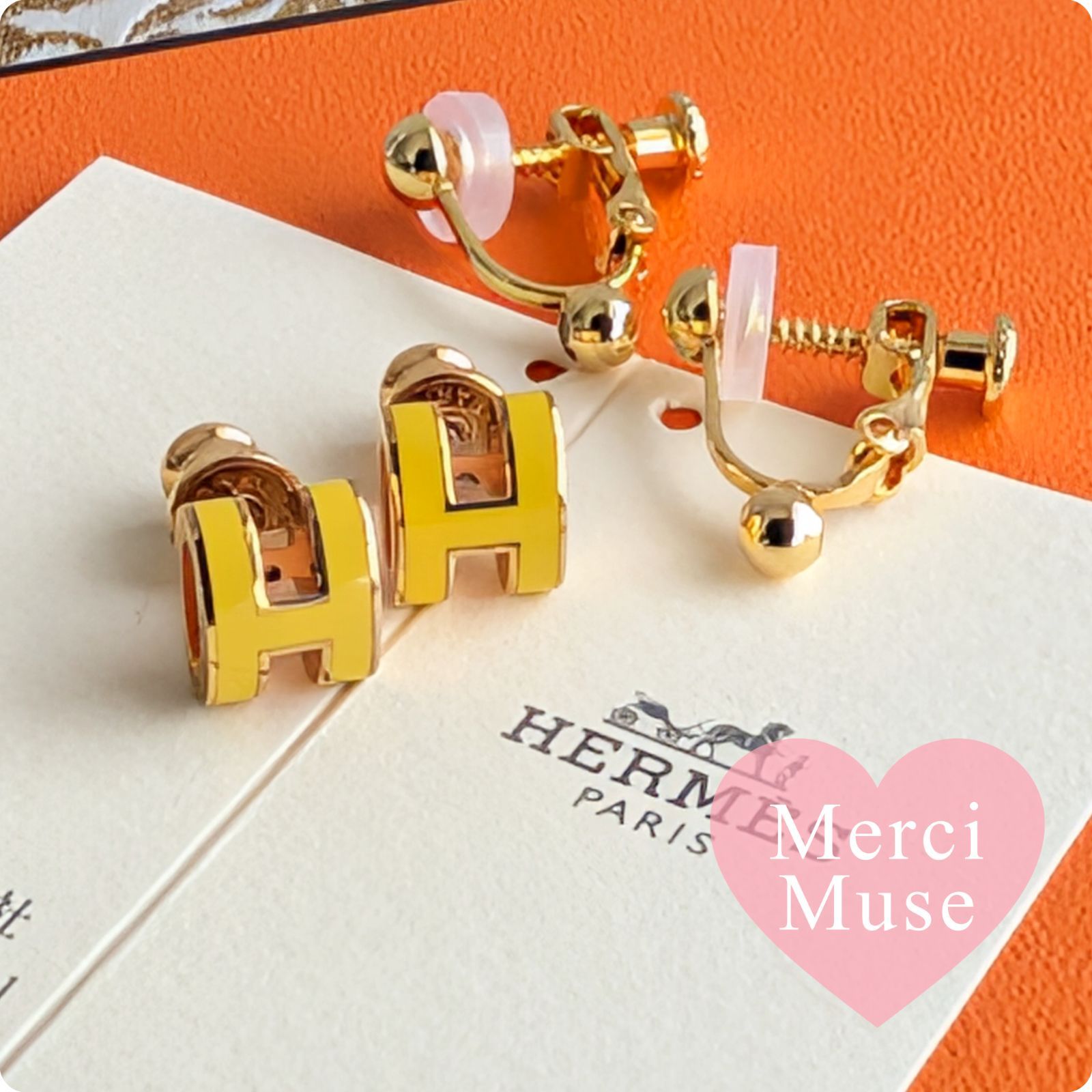 ❤イヤリングにもなる❤ミニポップHピアス イエローxゴールド金具