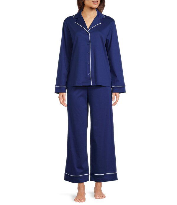 ノッティビアンチェ レディース アンダーウェア ナイトウェア ニット Nottibianche Solid Long Sleeve Notch Collar Button Front Long Knit Pajama Set Blue Depths ブルー
