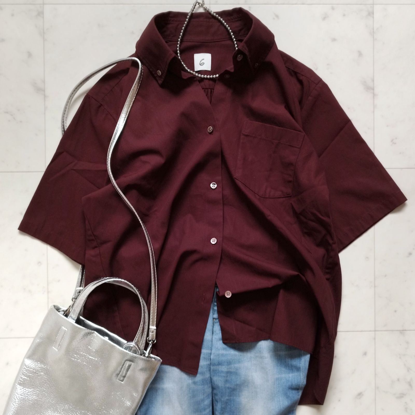 美品【ロク 6】COTTON BD SHORT SLEEVE SHIRT 半袖シャツ ボルドー 