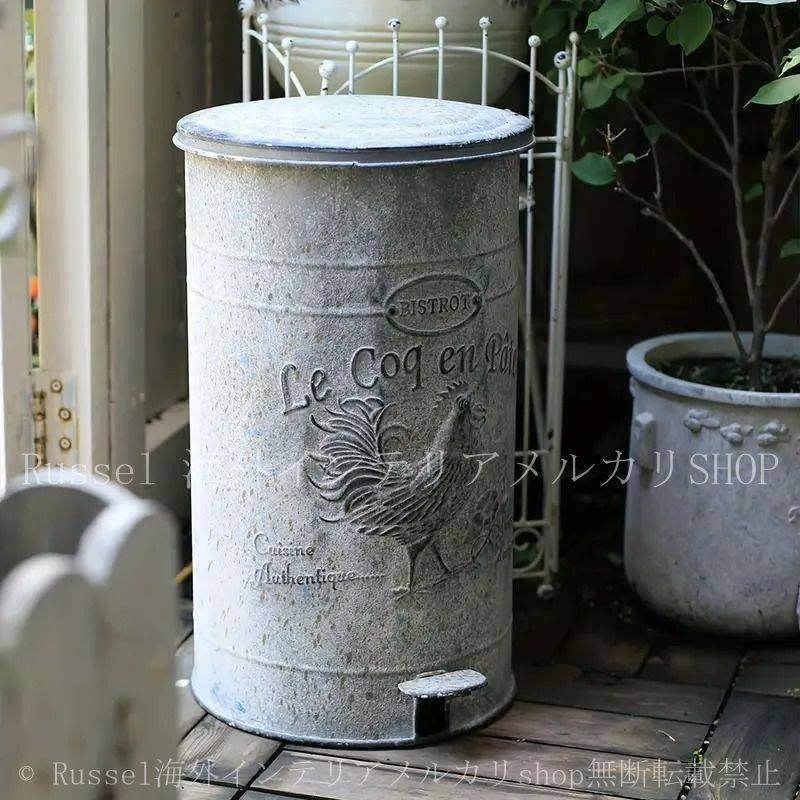 ダストボックス ヴィンテージ調 金属製 ゴミ箱 蓋つき 刻印 ステップオン式蓋 シャビーシック ブルー にわとり お洒落 アンティーク調 4-7