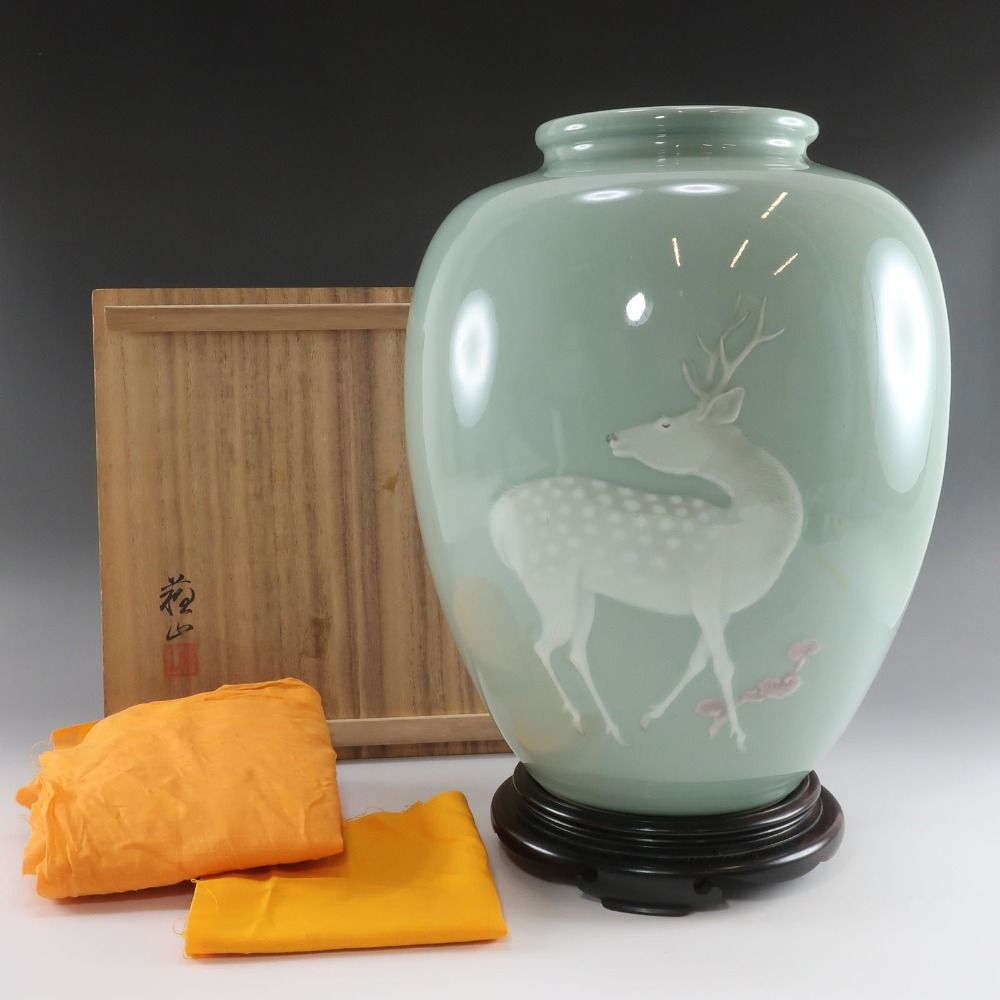 二代 諏訪蘇山 青磁鹿文花瓶 唐木台付 陶磁器 _ 骨董品