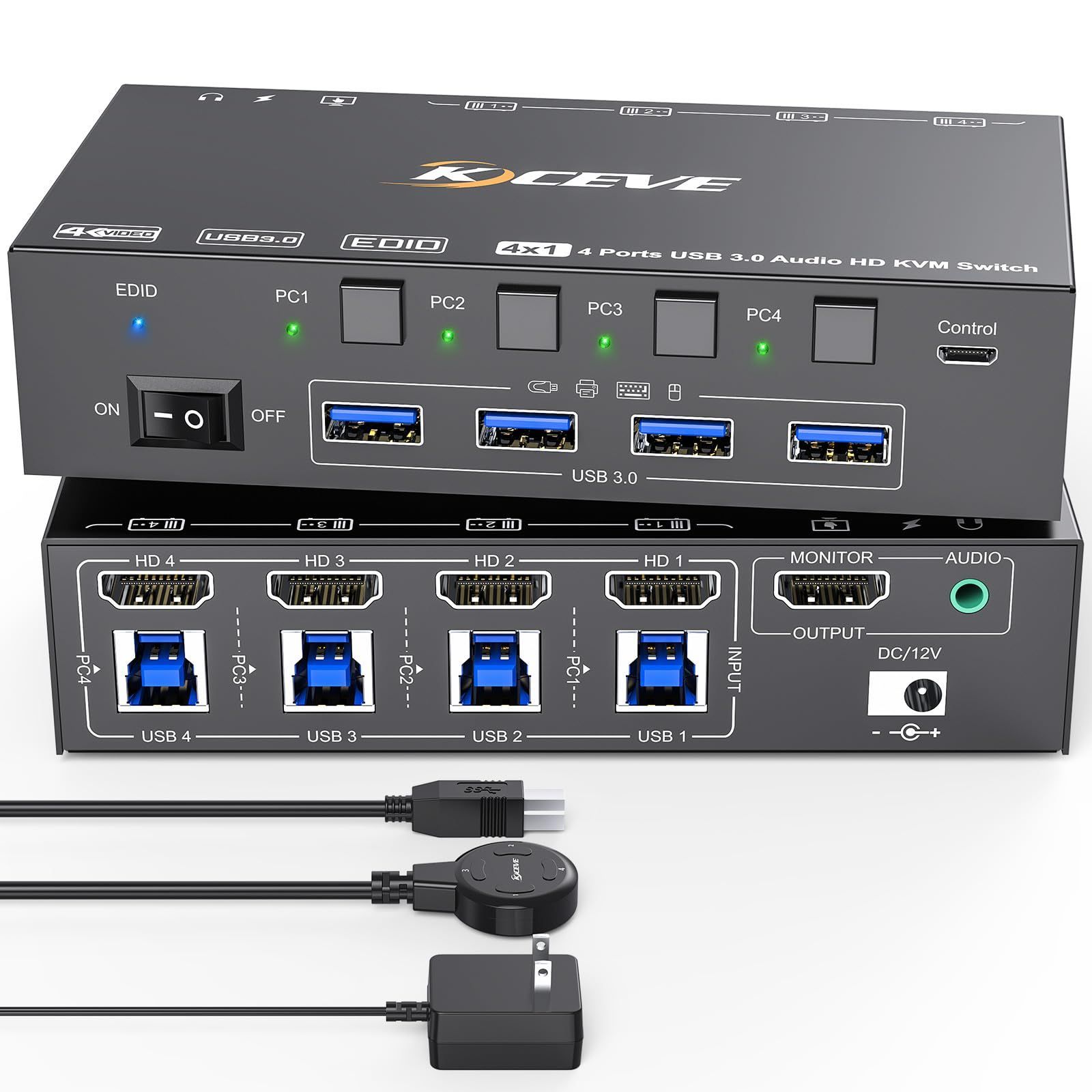 KVM スイッチ 4 台のコンピューター 8K@60Hz 4K@120Hz、シミュレーション EDID、4 台のコンピューター用 USB3.0 KVM スイッチ、1 台のモニターを共有、キーボード、マウス、ヘッドセットを共有、有線リモコン