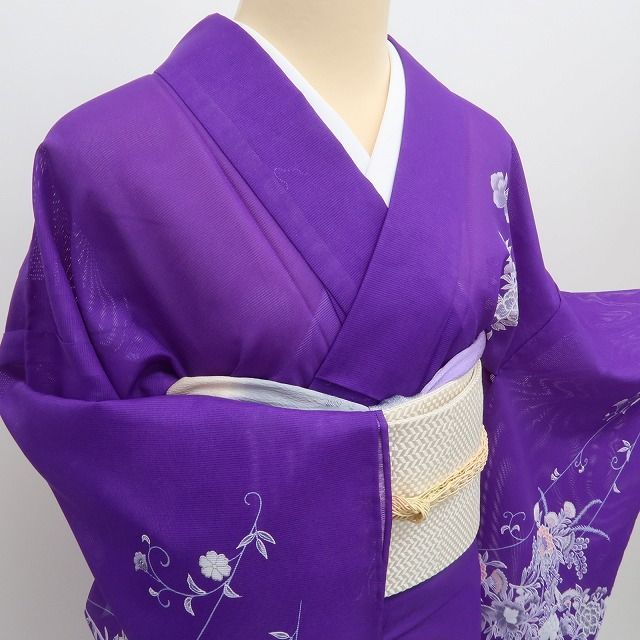 アンティーク紫に百花繚乱着物単品 ✾まめ藤✾m1342＊洗える夏着物 絽 牡丹 蝶 誂えポリエステル 訪問着