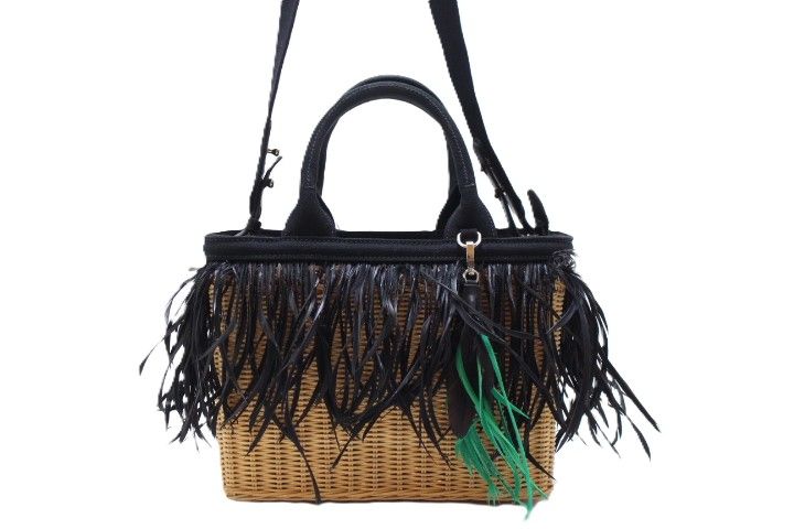 【PRADA】プラダ ウィッカーカナパ かごバッグ ナチュラル×ブラック ラタン×キャンバス 1BG835/tm08680ik PRADA - 【PRADA】プラダ ウィッカーカナパ かごバッグ ナチュラル