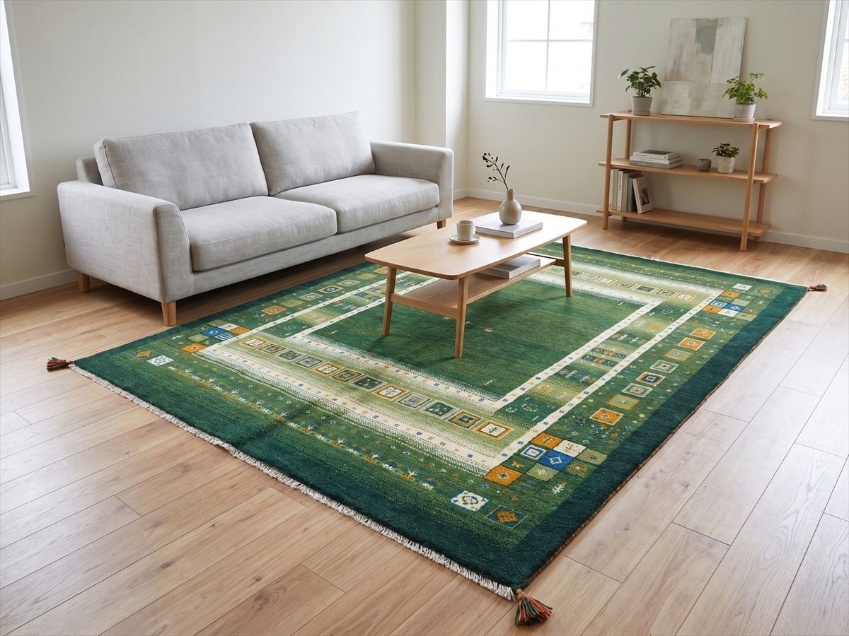 「ハンドメイド」「北欧風」「天然ウール」ペルシャ　ギャッベ　リビング　ダイニング　ラグ　244x193cm　緑　黄緑　パネル柄　RJ8667