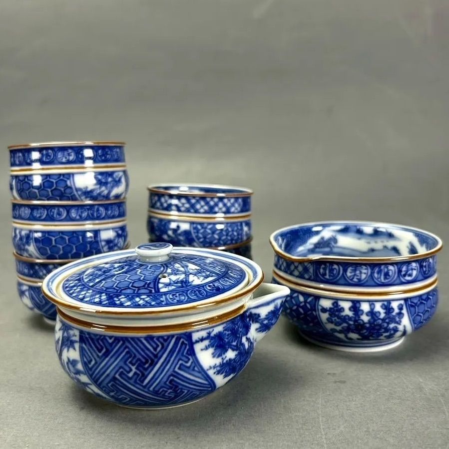 幽玄】春峰造 祥瑞孜 煎茶道具 共箱 青磁器 宝瓶 建水 煎茶椀5客