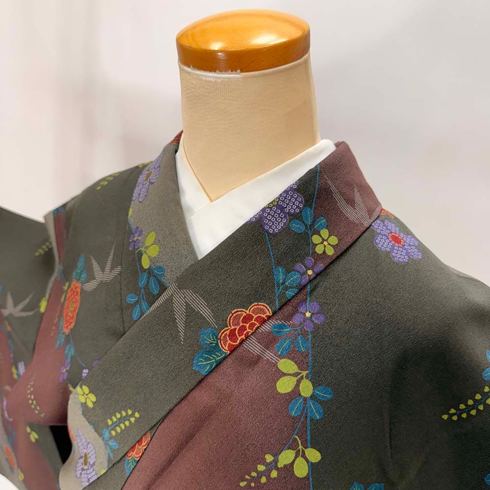 小紋 単衣 洗える着物 裄65cm 身丈158cm 茶色 花柄 お洒落着 普段着