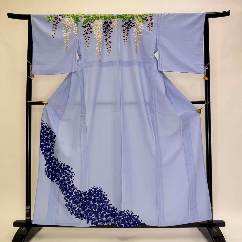 訪問着 付け下げ 単衣 洗える着物 礼装 ポリエステル 裄65cm 身丈159cm M サイズ 水色 グレー 5354