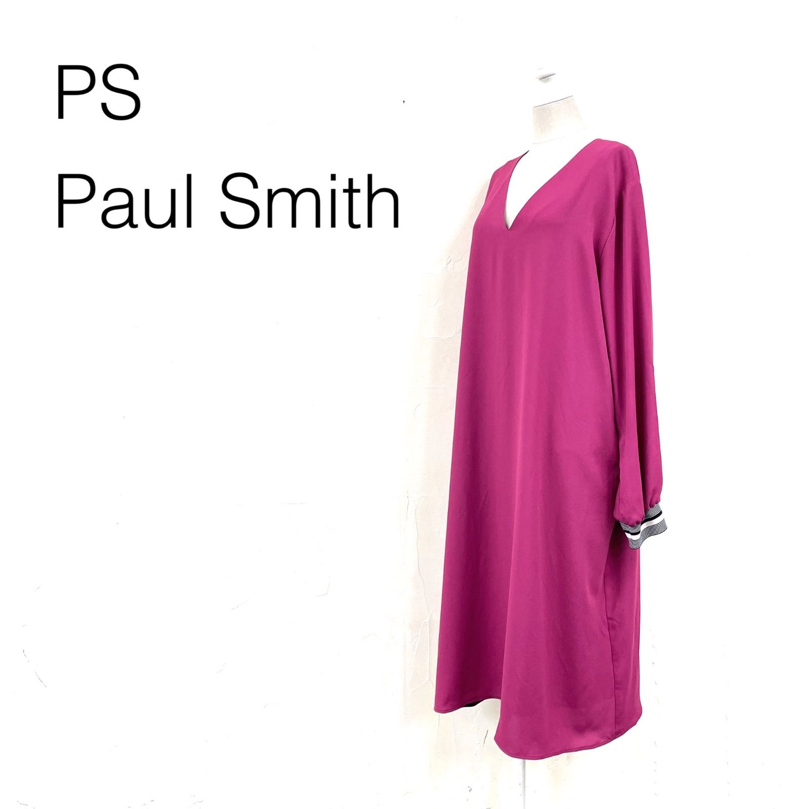 美品 PS PaulSmith ピーエスポールスミス ロングワンピース Ｖネック 長袖 袖口ラインリブ ゆったり ポケット 無地 裏地付き シンプル ピンクパープル ポリエステル size46L