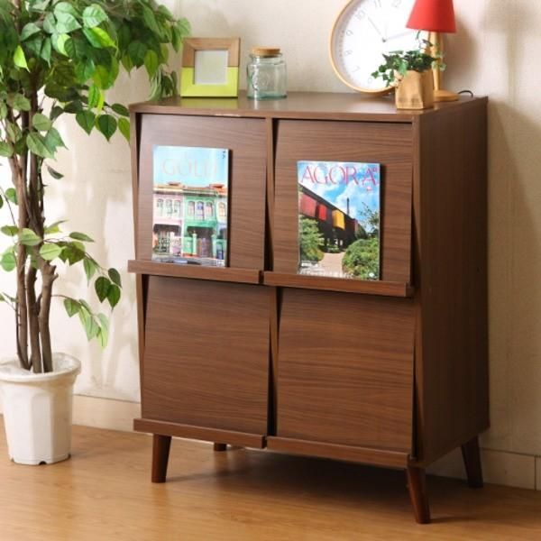 収納棚 ブックシェルフ 約幅79cm 4マス ブラウン 扉付き収納 雑誌収納付き 脚付き アルト ディスプレイラック リビング