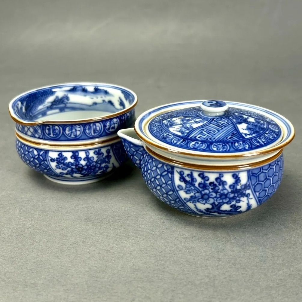 D-5 【名工】平安 春峰 作　煎茶器セット（宝瓶・湯さまし・茶碗4客）共箱付き 幽玄】春峰造 祥瑞孜 煎茶道具 共箱 青磁器 宝瓶 建水 煎茶椀5客