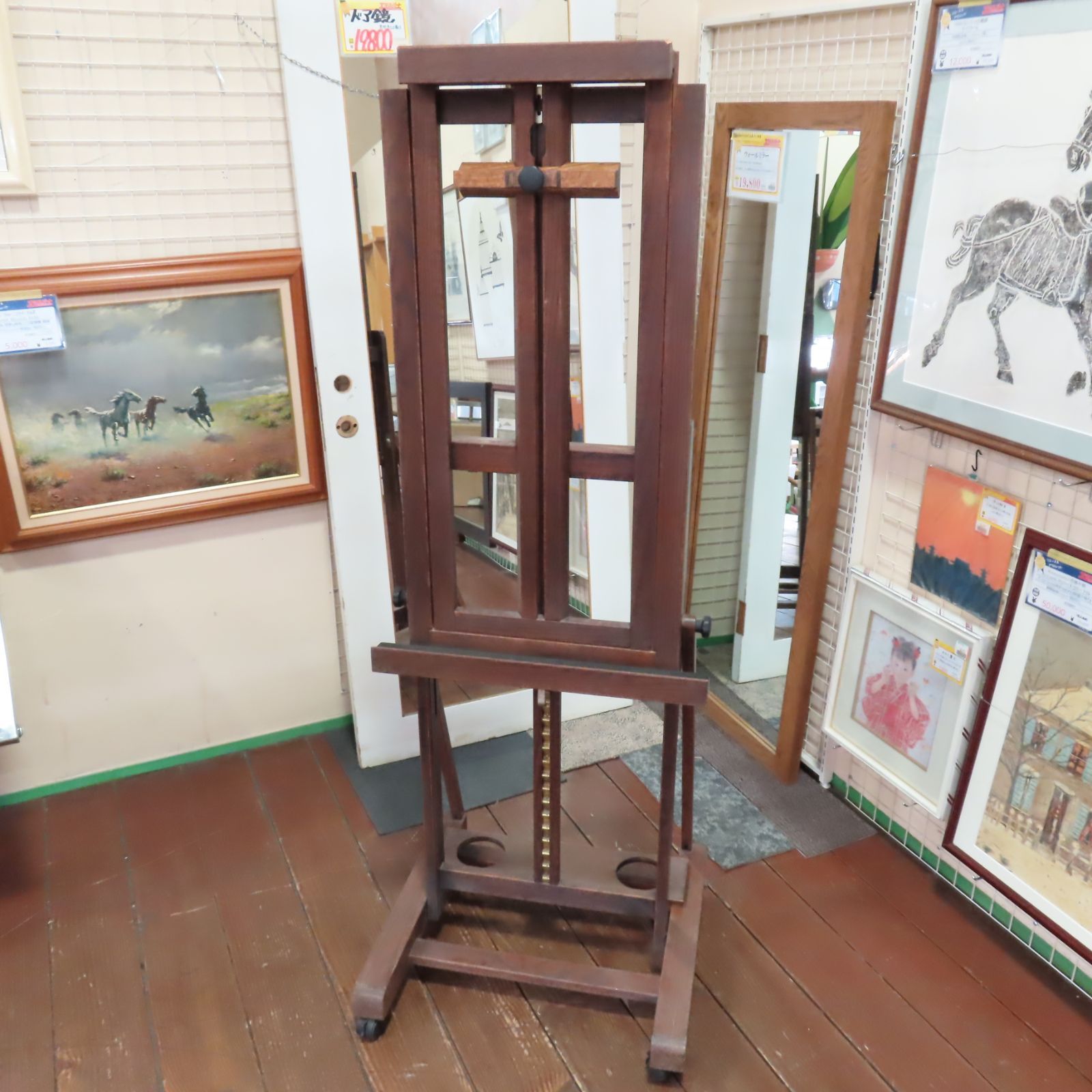 木製イーゼル アトリエイーゼル 大型絵画用 キャスター付き 現状品
