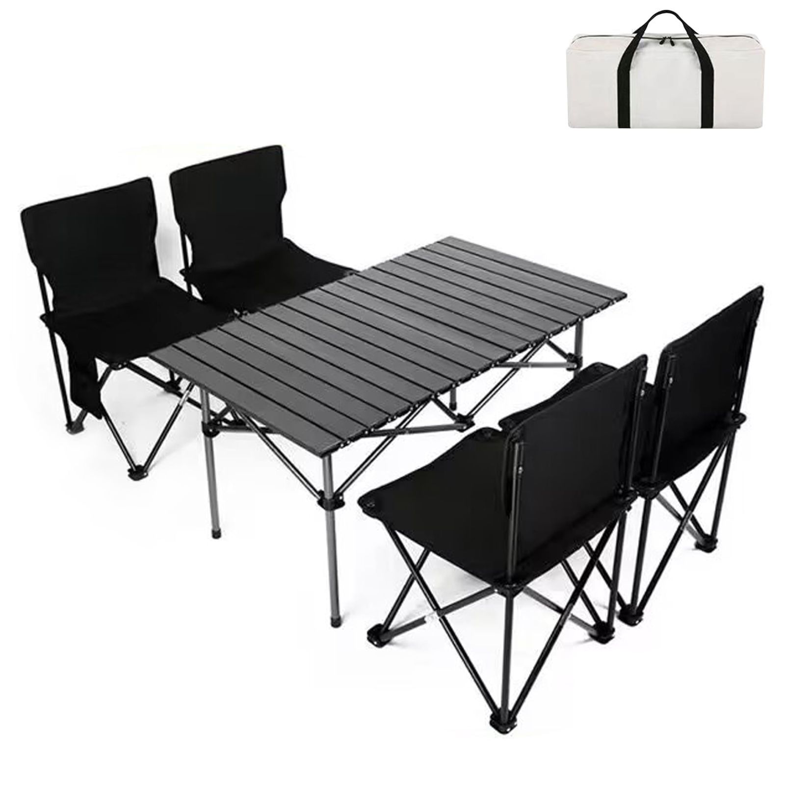在庫処分 5点セット) キャンプ用品(ブラック ガーデン お釣り BBQ 収納バッグ付き 組立簡単 折り畳み 超軽量 ピクニックテーブル テーブル57cm×95cm×50cm キャンプ セット チェア テーブル アウトドア