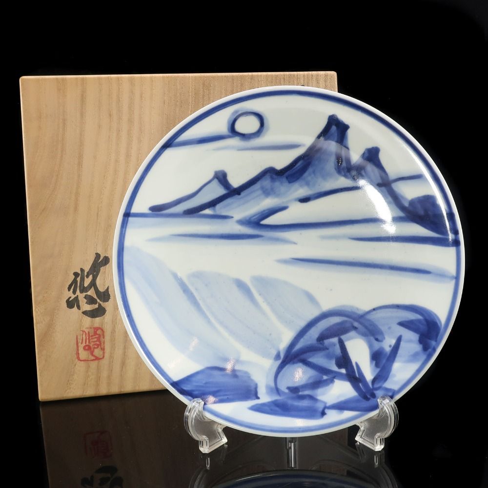 【kyoyaki】京焼 【 人間国宝 近藤悠三 作 】 山染付皿 陶磁器 _ 骨董品