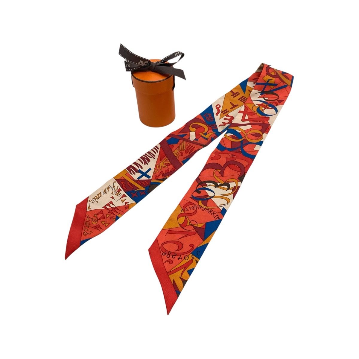美品 HERMES エルメス ツイリー Le Nombre d'Or オレンジ ホワイト