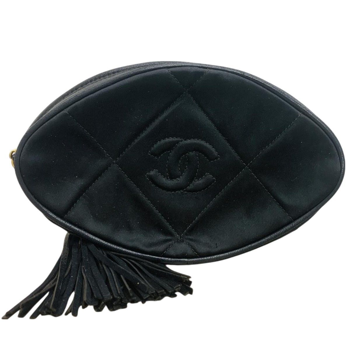 希少】CHANEL シャネル フリンジ サテン×ラムスキン ポーチ ブラック 
