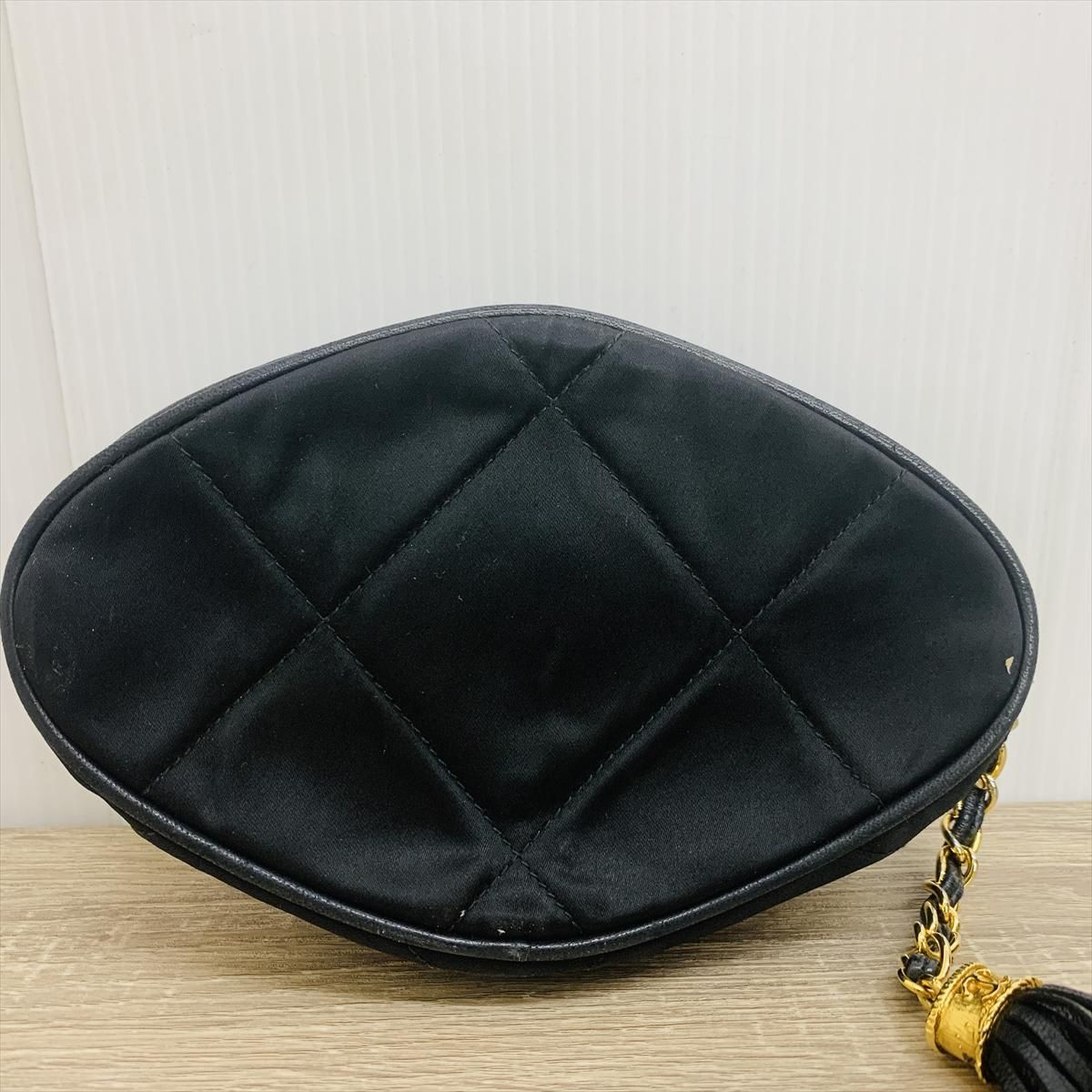 希少】CHANEL シャネル フリンジ サテン×ラムスキン ポーチ ブラック 